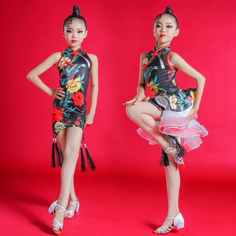 夏季儿童拉丁舞服花色纱裙拉丁舞表演服少儿拉丁舞练功服