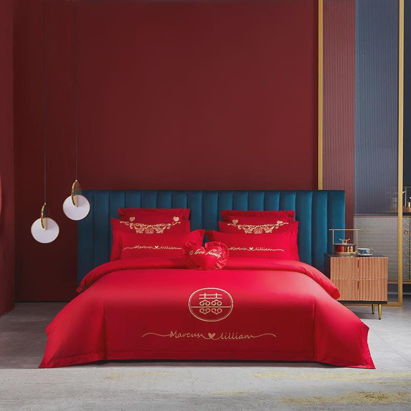 婚庆刺绣四件套大红喜被床上用品结婚粉新婚床品婚礼被套玉六件套