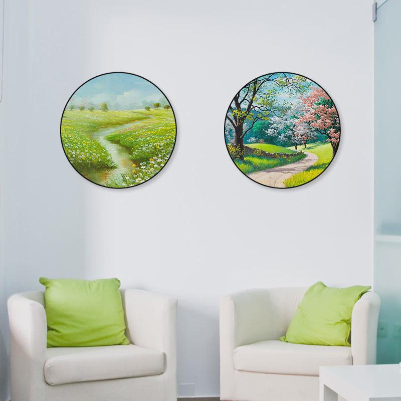 餐厅装饰画田园风格小清新风景挂画卧室床头客厅饭厅圆形创意壁画图片