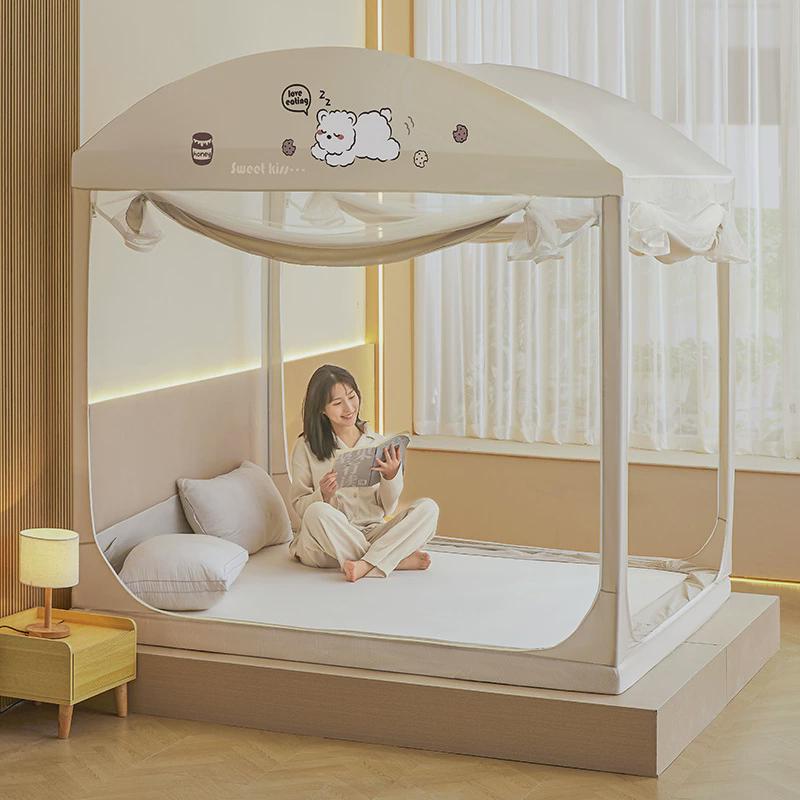 蒙古包蚊帐家用卧室2024新款儿童防摔遮光公主床帘幔纱一体式纹帐