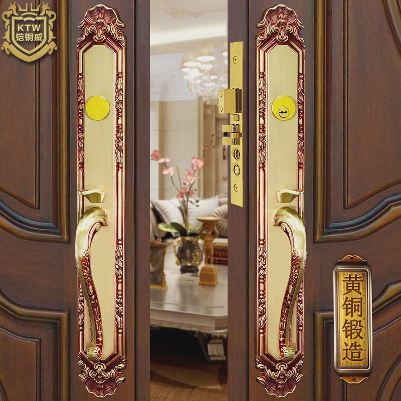 铠铜威铜别墅大门锁实木门锁欧式静音锁黄铜对开门入户双开