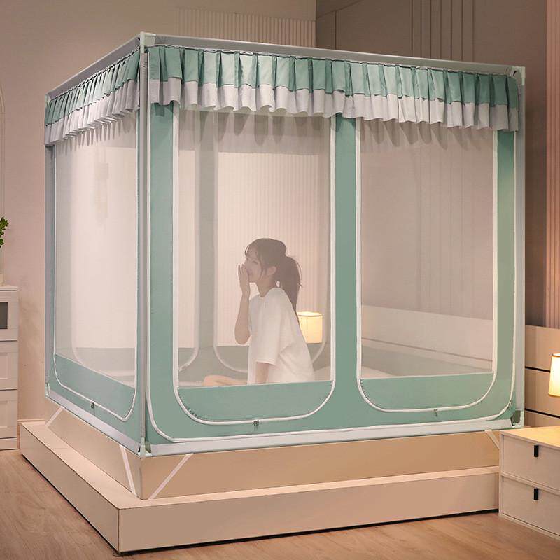 坐床开门外穿杆六式方顶拉链蚊帐方帐加厚烤漆支架公主宫廷有底