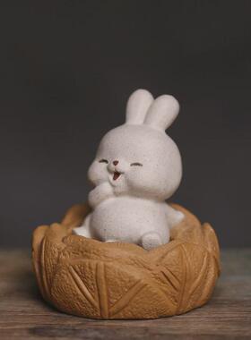 5n茶生财小白兔宜兴原矿白泥茶宠坐地玩小摆件小雕塑手工茶具送