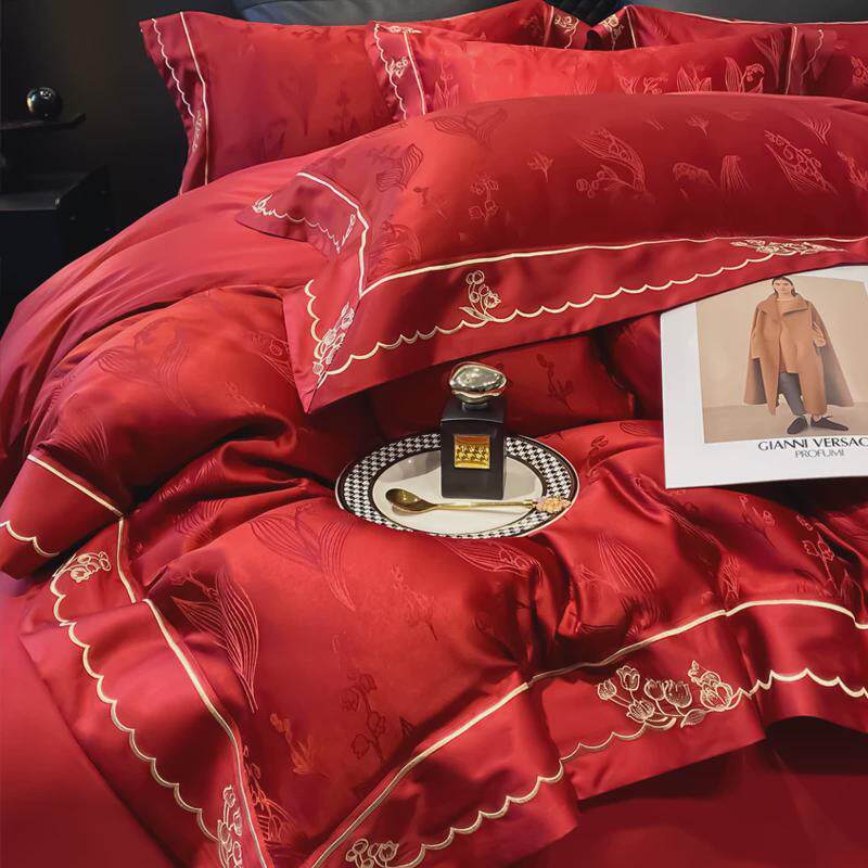 新中式结婚四件套红色全棉提花刺绣被套床单陪嫁婚庆床上用品床笠,床上用品,婚庆床品套件,淘宝优惠券,粉丝福利购,淘宝优惠卷