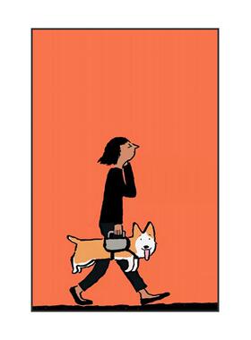 现代客厅轻奢玄关装饰画橙色温馨卡通女孩小狗背景墙壁画竖版挂画