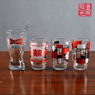80 90年代天津上海 印花怀旧老物件茶杯啤酒杯水杯杯子 老玻璃杯
