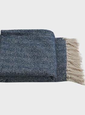 1VPR样板间黄色蓝色呢绒流苏搭毯床尾巾酒店民宿床尾毯软装配