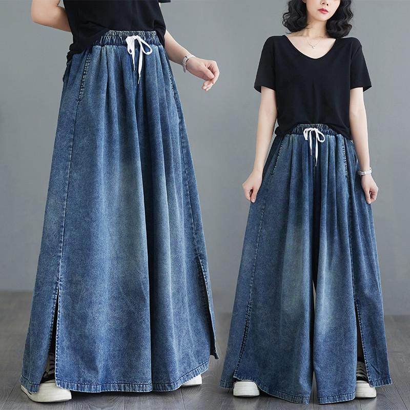 大码胖mm水洗牛仔阔腿裤女夏季松紧腰系带宽松休闲开叉裙裤潮,女装/女士精品,休闲裤,淘宝优惠券,粉丝福利购,淘宝优惠卷
