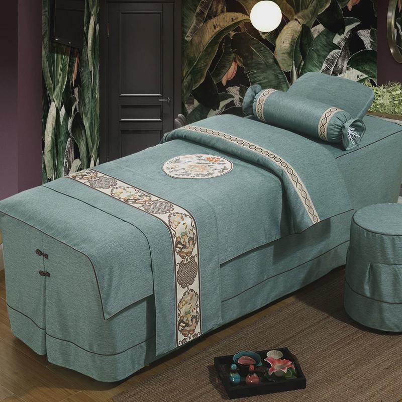 欧式美容床罩四件套加厚棉麻美容美甲按摩推拿洗头床套