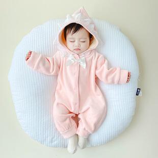 薄绒连体衣新生儿爬服女宝宝百天周岁洋气公主风哈衣春秋冬季