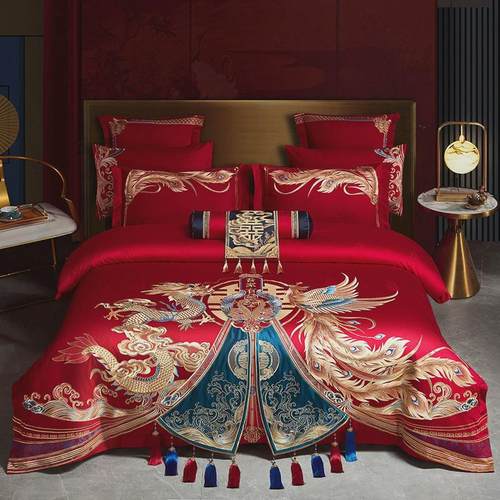 婚庆中式高端绣花龙凤160s长绒棉贡缎提花婚礼四件套全棉结婚床品