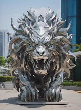 大型圆环动物雕塑户外雄狮景观金属不锈钢镂空镜面发光不锈钢雕塑