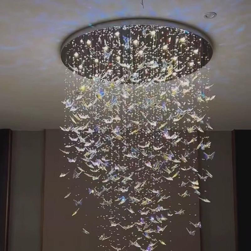 蓝蝴蝶楼梯灯轻奢水晶挑公寓别墅楼旋灯现复式客厅loft空转长吊灯