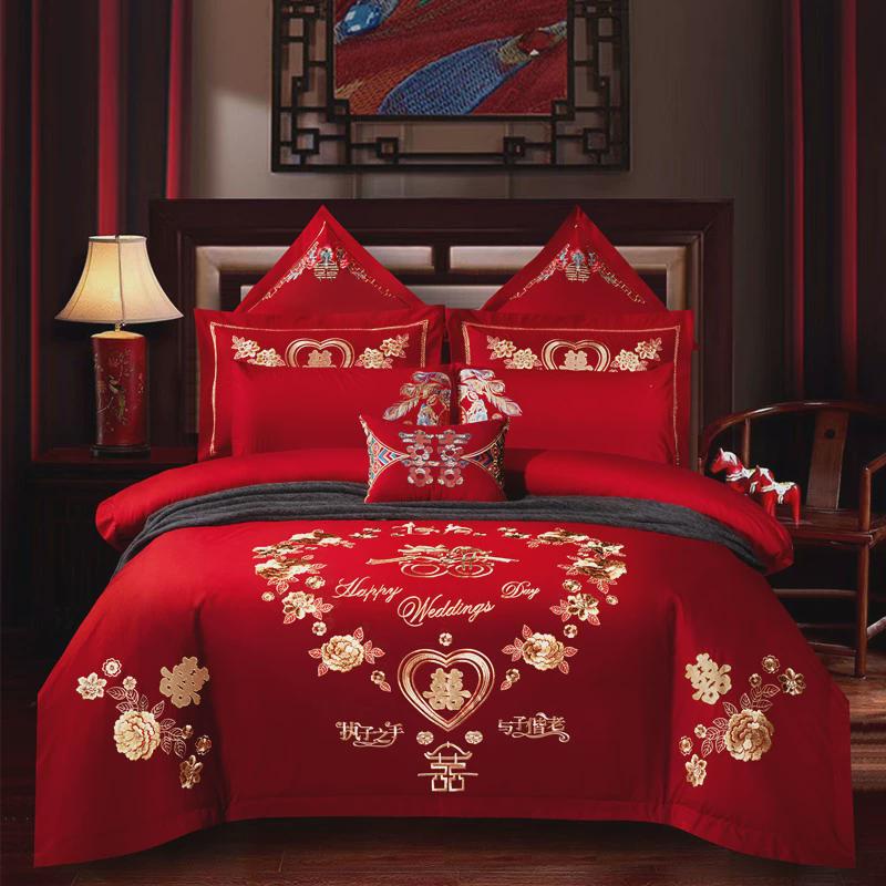 eq4f结婚四件套刺绣龙凤婚庆大红喜庆被套床单六十嫁床上用品婚房