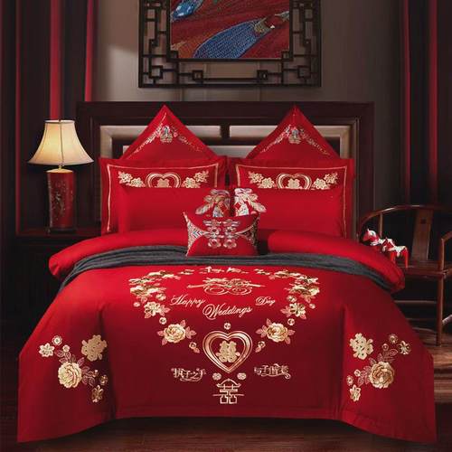 eq4f结婚四件套刺绣龙凤婚庆大红喜庆被套床单六十嫁床上用品婚房