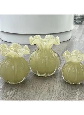 复古奶油黄花瓣台面手工玻璃桌面插花精美花瓶花器居家摆件