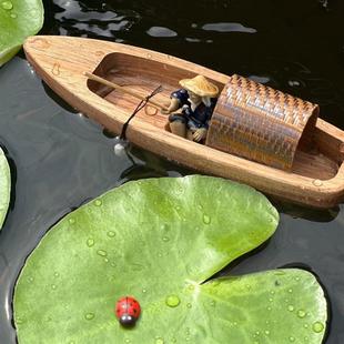 鱼缸内饰造景摆件装饰古法缸造景水面漂浮木质小船独木舟躲避屋