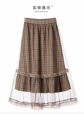 夏季新款半身裙中长款气质甜美可爱格纹网纱半身裙CWGF94407