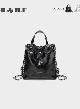 小清新女生时尚小香风双肩包高级感软皮菱格链条包银色青春小背包