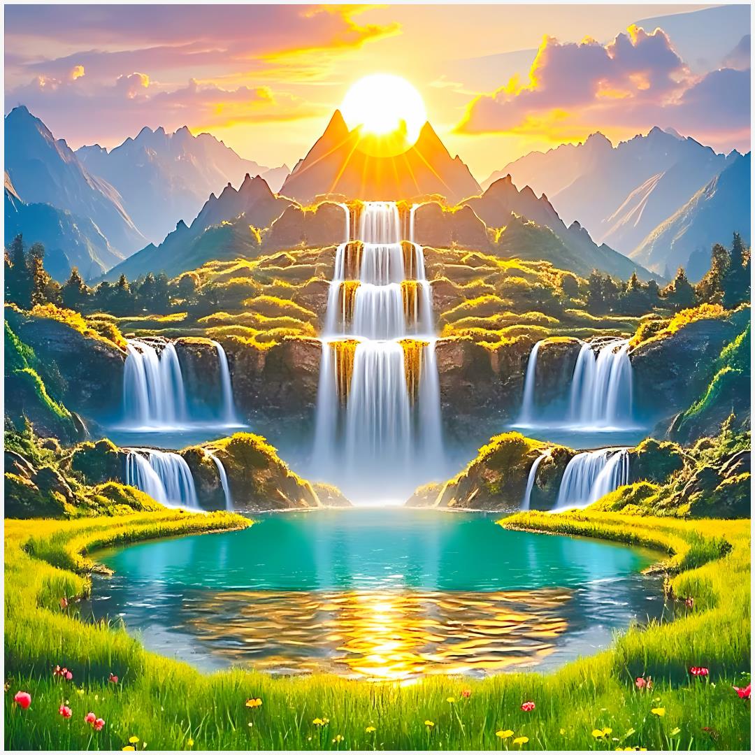 聚宝盆瀑布山水贴画日照