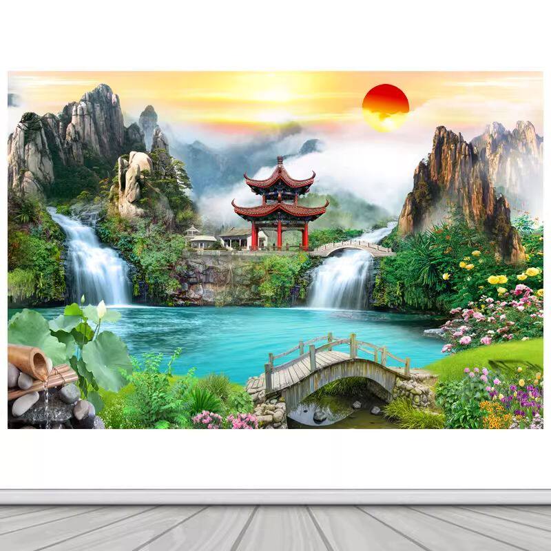 仙家流水仙堂粘贴生财亭子山水画动物无活有山堂口有水小桥自风景
