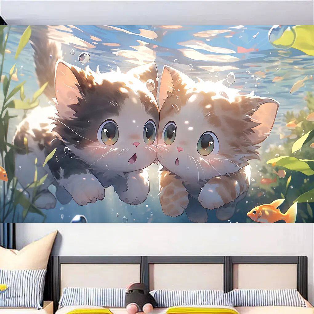 可爱猫动漫墙贴纸学生宿舍风景床边贴画遮丑神器爆款壁纸画ins风