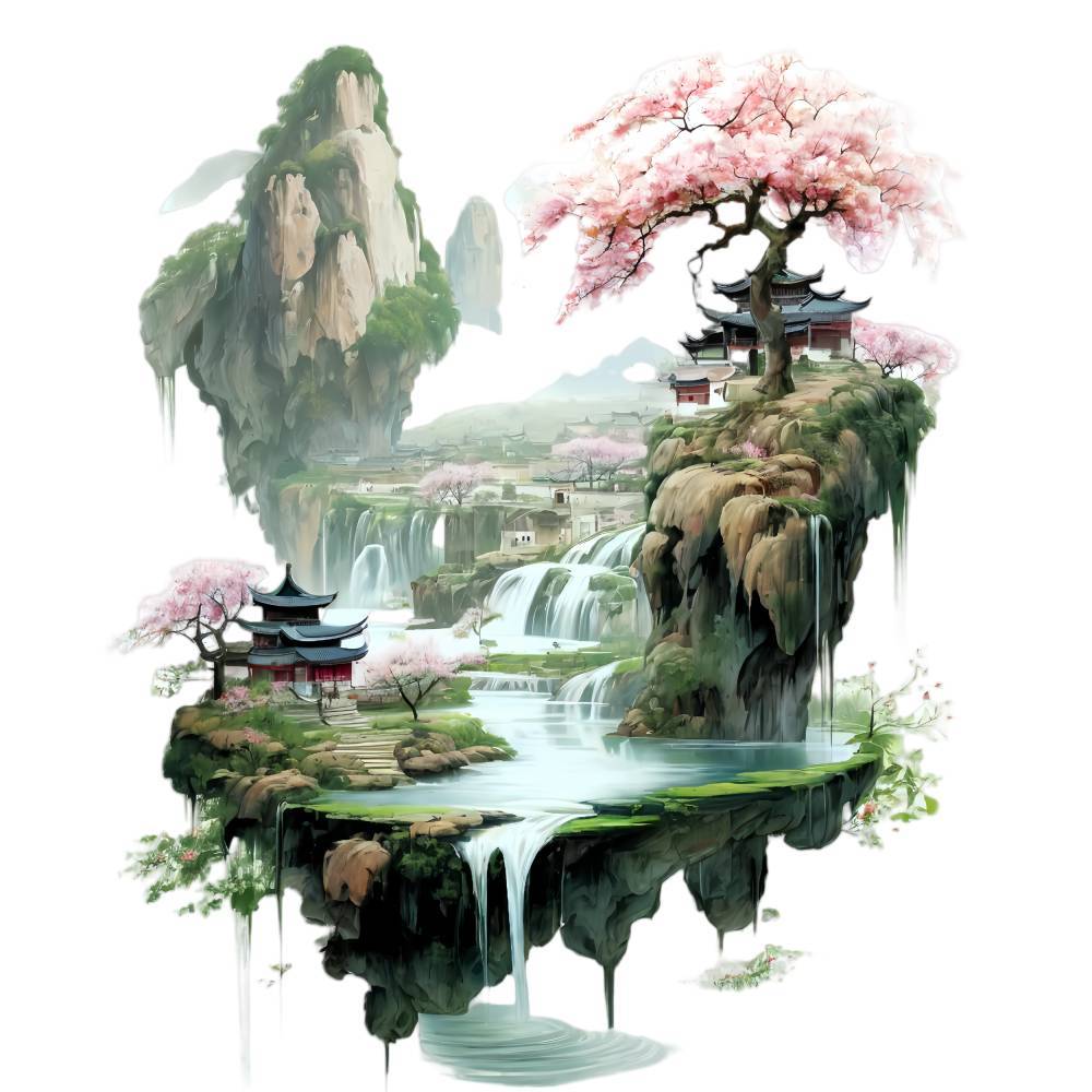 国风桃花山水贴画卧室玄