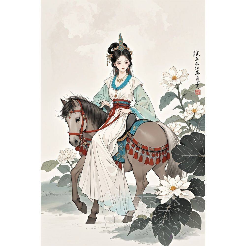 古典古代仕女骑马海报贴