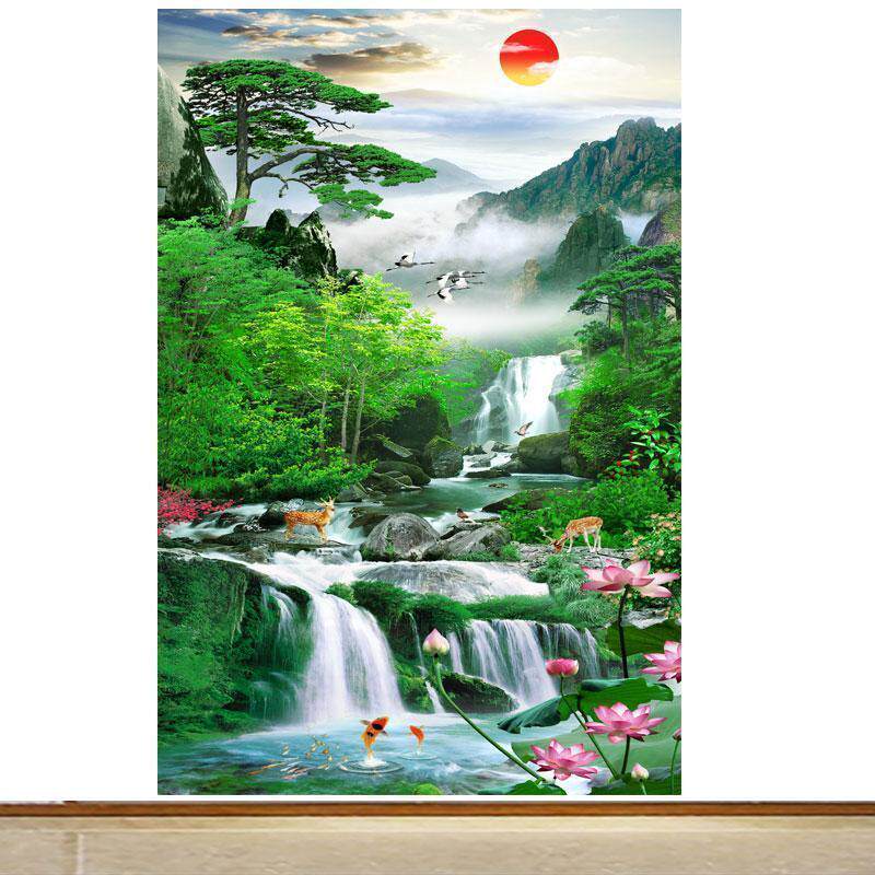 竖版流水生财风景壁画客