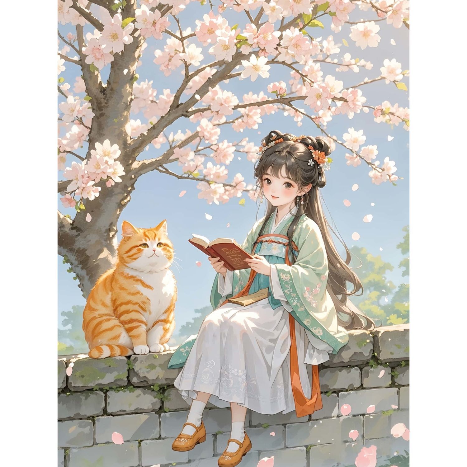 桃花树下的猫和少女自粘