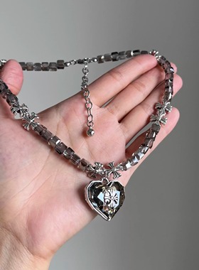 B.treasure 爱心水晶项链小众饰品中古饰品Vintage复古项链毛衣链