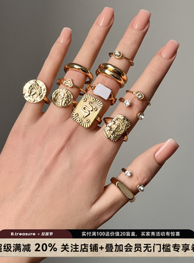复古金色浮雕人像叠戴戒指13件