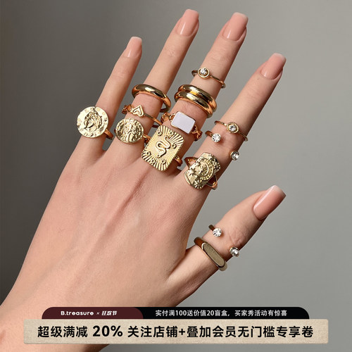 复古金色浮雕人像叠戴戒指13件
