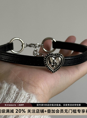 B.treasure复古颈链高级感黑色皮革爱心项圈暗黑朋克Y2K锁骨链