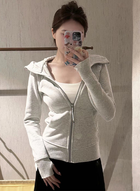 修身卫衣外套女春秋款2025新款灰色运动连帽拉链开衫薄款早秋上衣