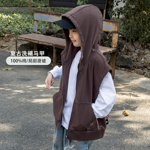 米修叻2025春季 男童针织连帽马甲儿童潮帅气时髦马夹痞帅洗褪 新款