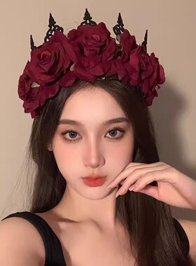 红玫瑰花发箍洛丽塔cos发饰哥特新娘花环Lolita暗黑系头饰万圣节