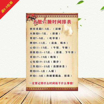 五脏六腑时间表五脏六腑心肝脾肺肾六腑胆胃大肠小肠膀胱三焦海报