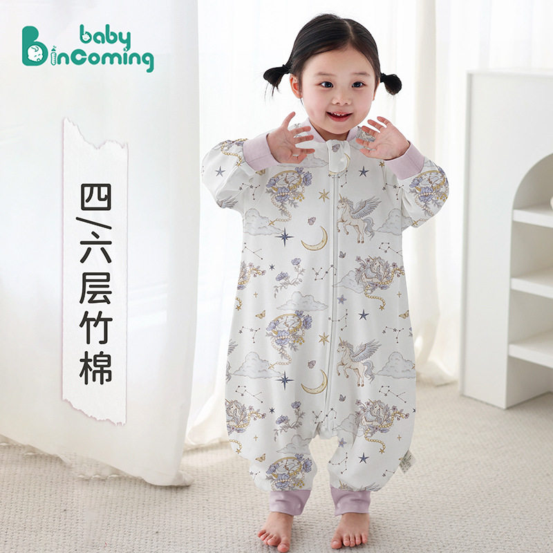 婴幼儿竹棉纱布睡衣卡通分腿爬服婴儿家居服宝宝防踢被子儿童睡袋