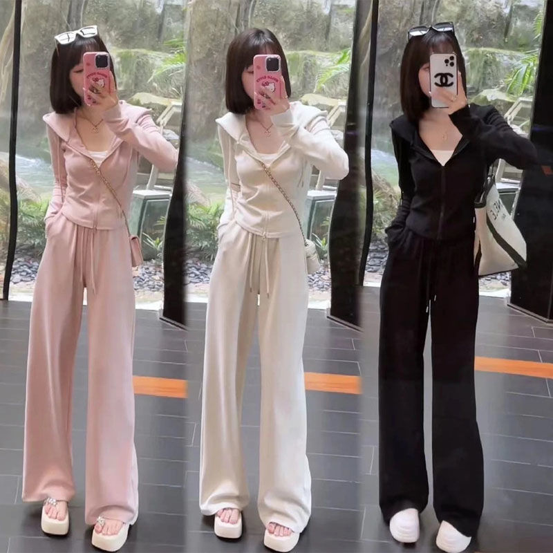 休闲运动套装女2025春秋季新款连帽卫衣阔腿裤时尚跑步两件套女装