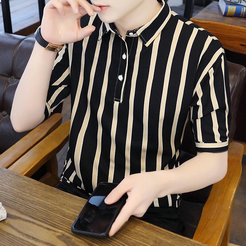 2024 NEW SUMMER VERTICAL STRIPES CONTRAST POLO SHIRT MENS SHORT SLEEVE T-SHIRT SHIRT COLLAR BUSINESS PLANKTON BASE SHIRT