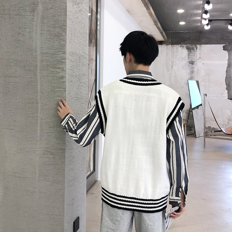 AUTUMN PORT FASHION MENS CHIC CARTOON EMBROIDERY CONTRAST COLOR V-NECK SWEATER SWEATER SLEEVELESS COUPLE VEST VEST WOMEN