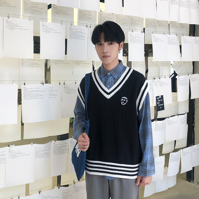 AUTUMN PORT FASHION MENS CHIC CARTOON EMBROIDERY CONTRAST COLOR V-NECK SWEATER SWEATER SLEEVELESS COUPLE VEST VEST WOMEN