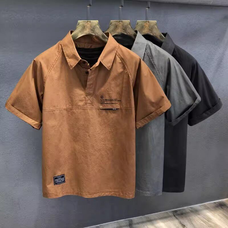 JAPANESE AMERICAN WORKWEAR POLO COLLAR SHIRT MENS SUMMER RETRO ICE SILK SHORT SLEEVE T-SHIRT TRENDY BRAND LAPEL HALF-SLEEVED SHIRT