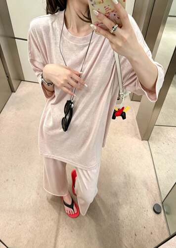 “舒适摆烂套装”2.9%亚麻26.4%莱赛尔宽松五分袖t恤九分裤套装