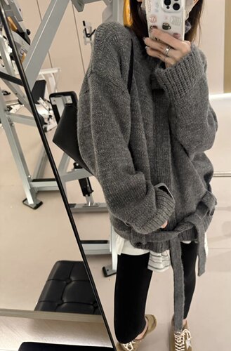 【毛衣式廓形大夹克】松弛立领翻领两穿 宽松腰带拉链大毛衣女