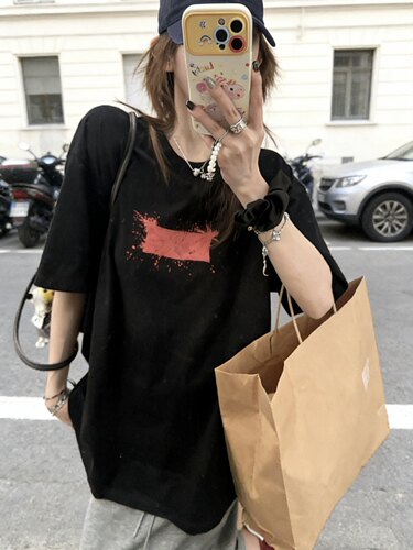 100棉 红标黑T！后背水印！纯棉宽松休闲圆领涂鸦印花半袖T恤女