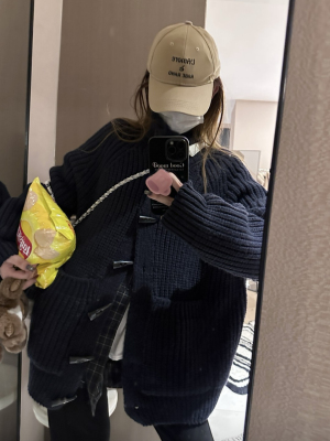 55%羊毛 法式加厚羊毛粗针牛角扣针织开衫大毛衣翻领立领两穿