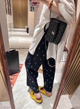 “ 亚麻印花”藏青色松紧腰宽松显瘦九分裤休闲直筒裤女