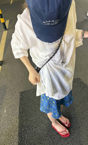 极简风 水洗亚麻莱赛尔天丝 侧开衩套头宽松长袖T恤白色上衣女